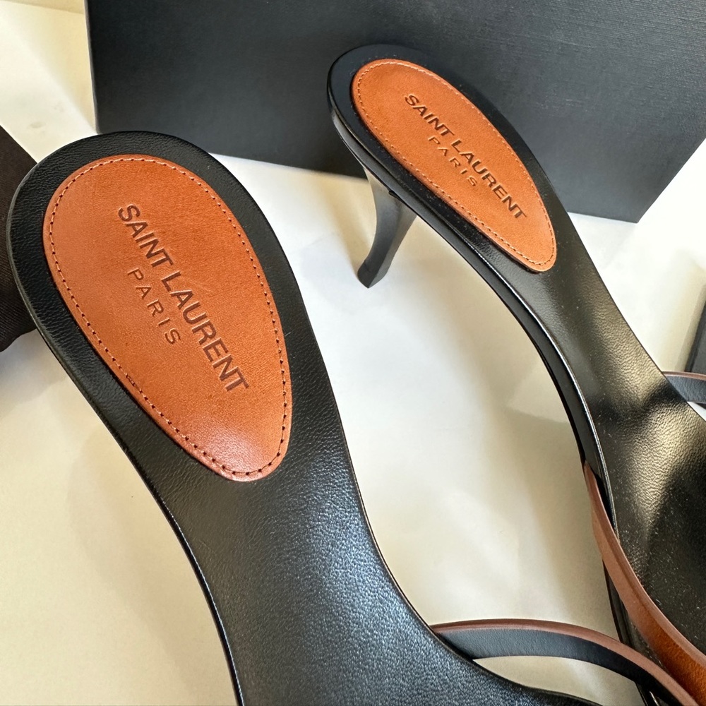 Saint Laurent Carla Black Leather Mules with Tan Straps - Picture 4 of 16